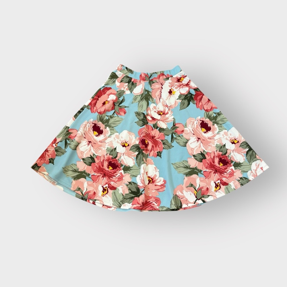 Faith and Joy Blue Pink Floral Rose Knee Length Circle Skirt